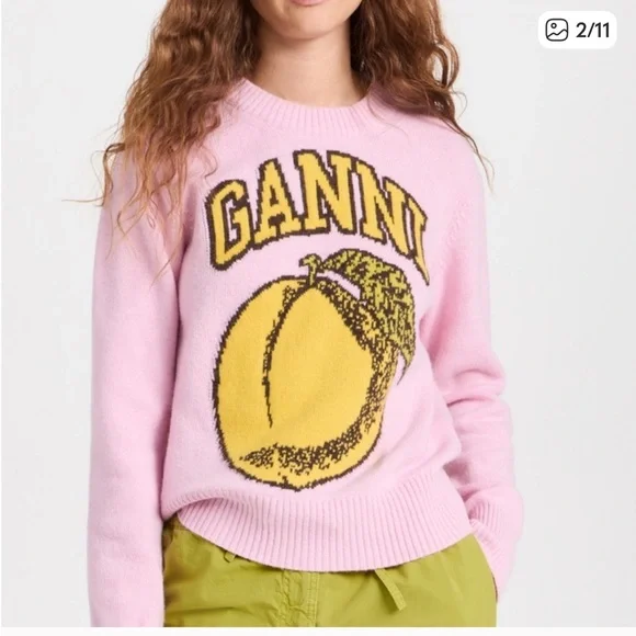 Ganni Pink and Yellow Graphic Crew Neck wool Sweater - Picture 2 of 8